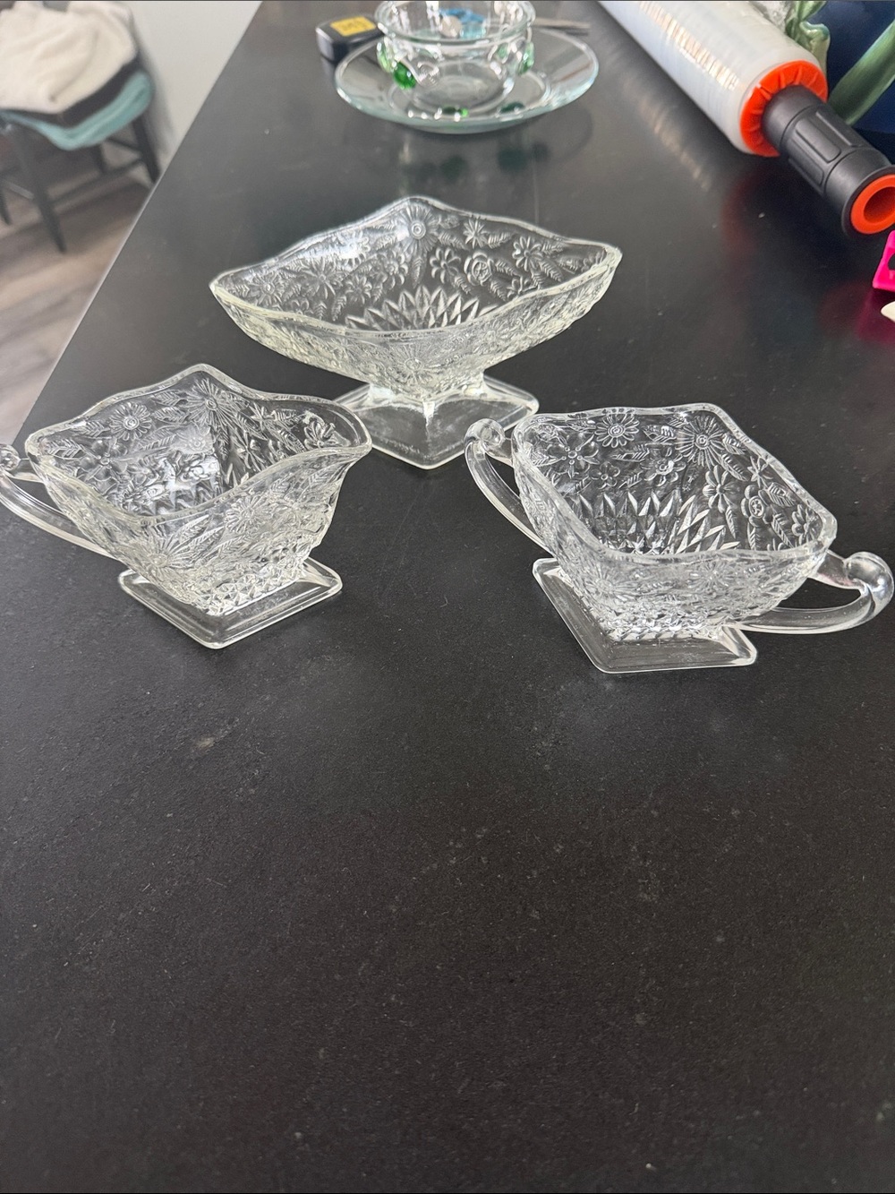 3 Piece Vintage Indiana Glass Sugar and Creamer Set - Pineapple - Floral Pattern